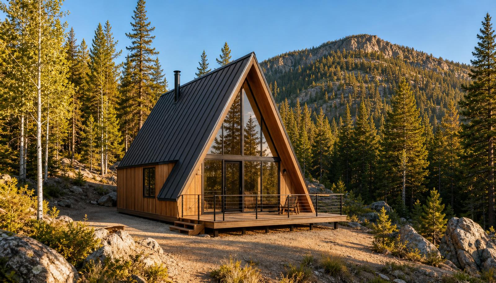 Rendering of a modern A-frame cabin on the graded pad at 333 Van Eden, in the pine and aspen timber above Idaho Springs, Colorado
